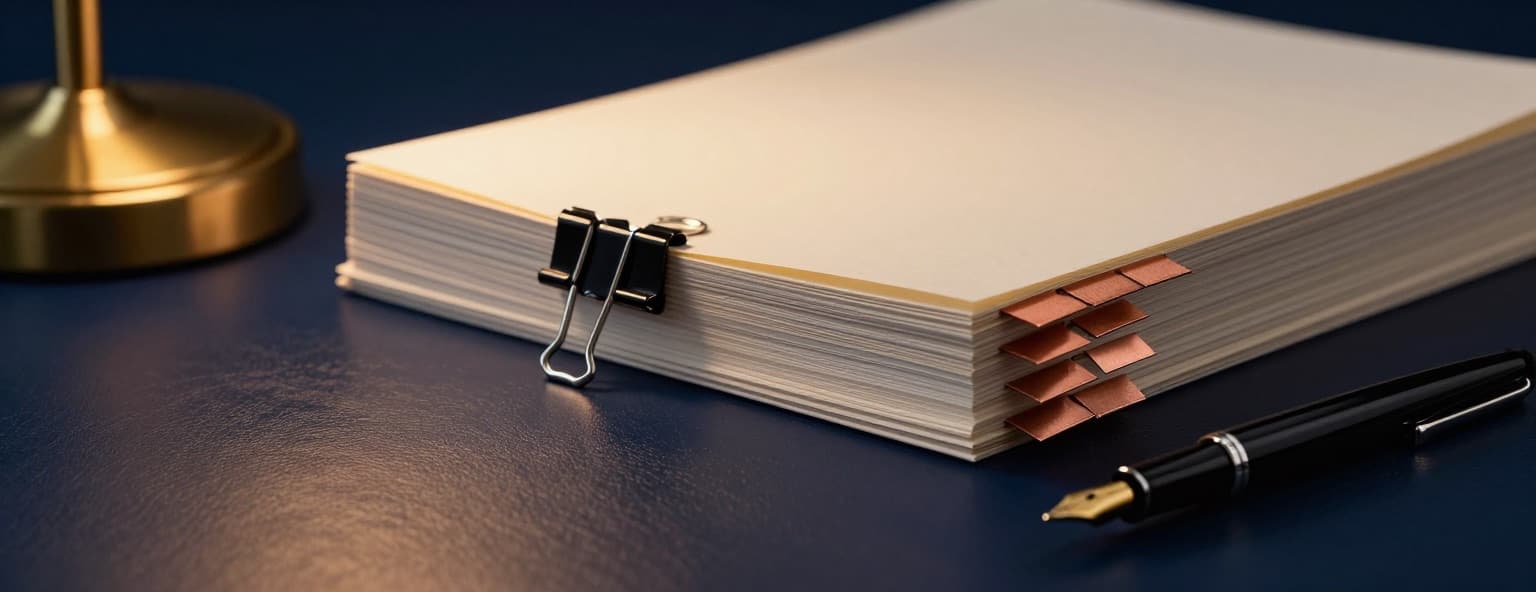 A thick contract stack flagged with copper index tabs beside a fountain pen on navy leather