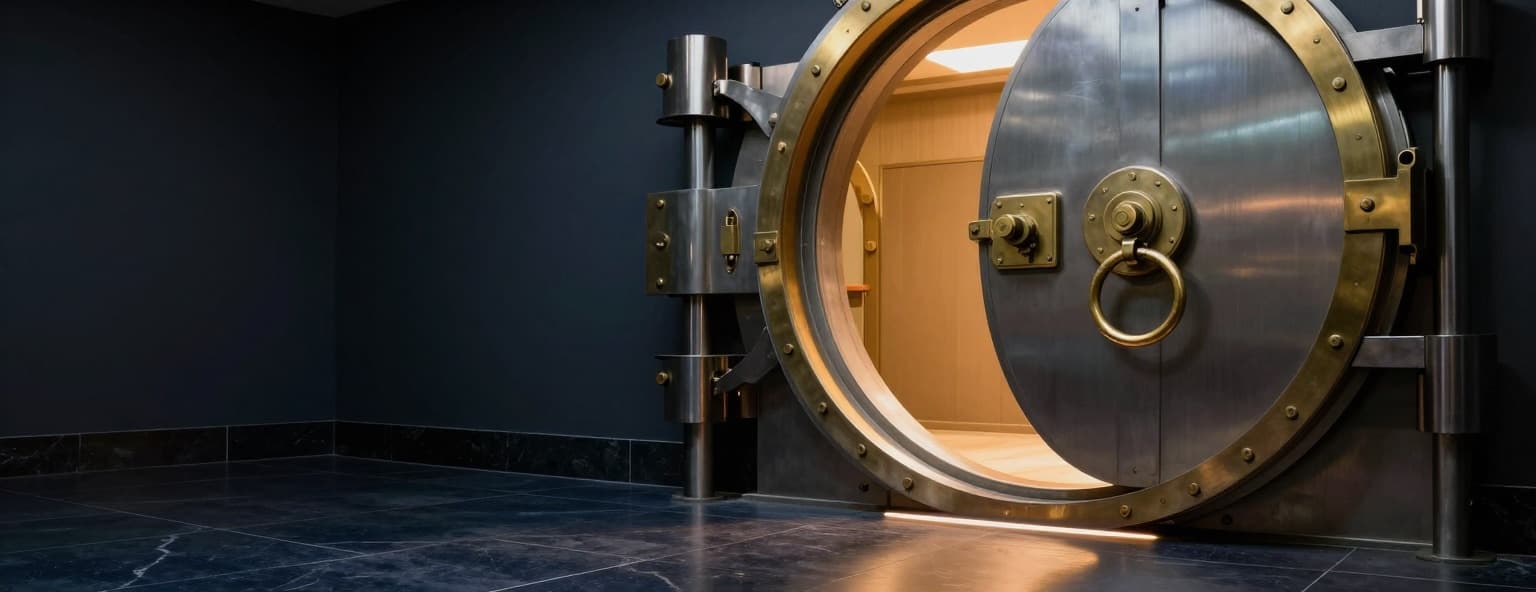 A heavy steel and brass vault door standing open with warm light inside