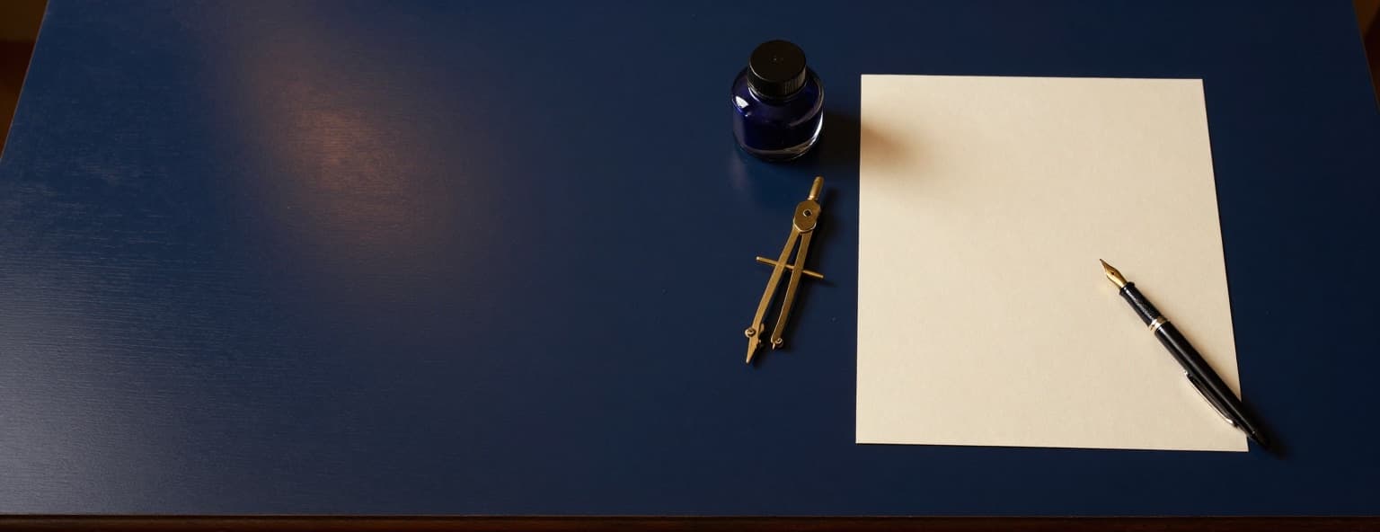 Brass drafting compass, navy ink and a fountain pen beside a blank sheet on a navy drafting table