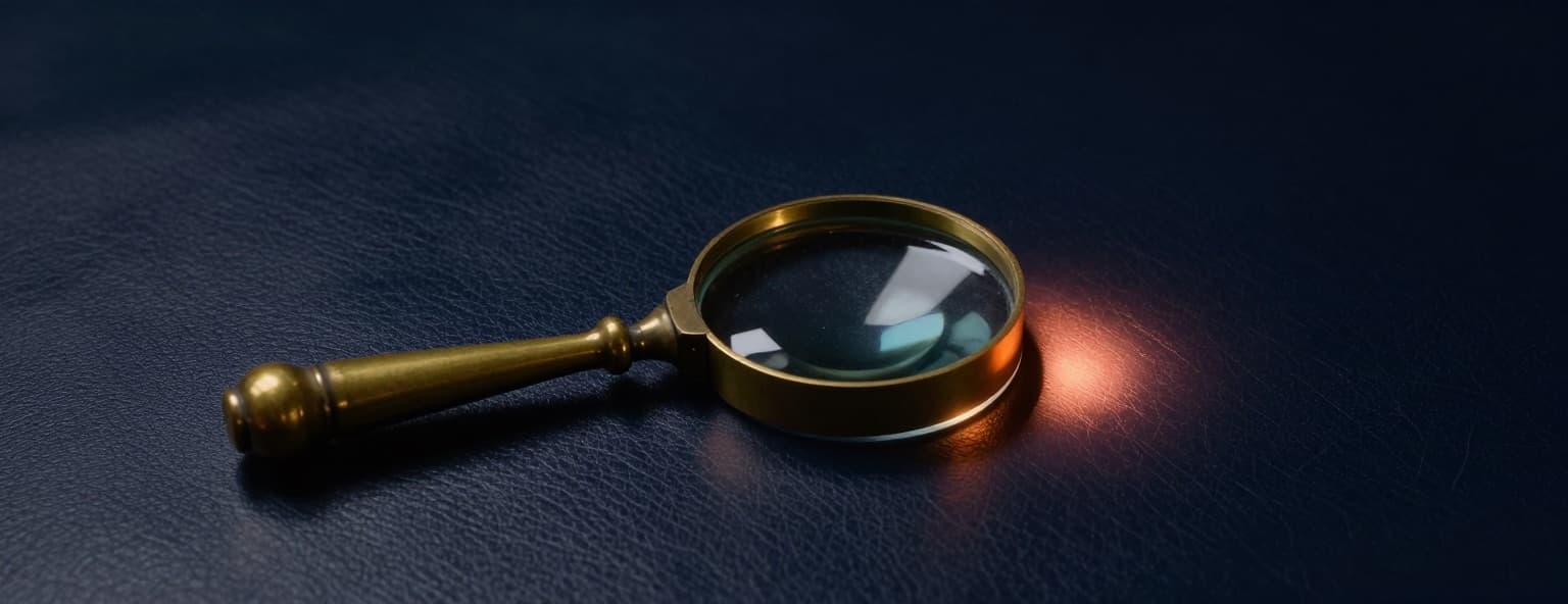 A brass loupe focusing a point of warm light on navy leather