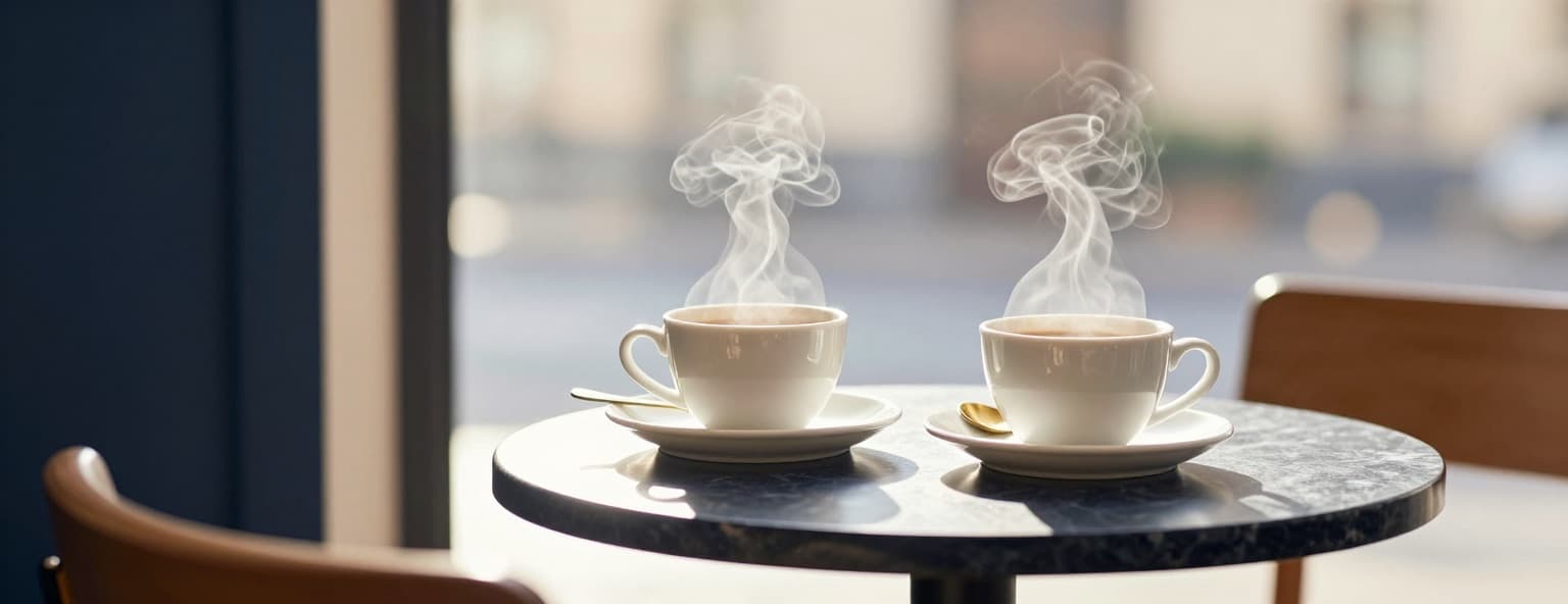 Two steaming coffee cups facing each other on a small navy marble table by a sunny window