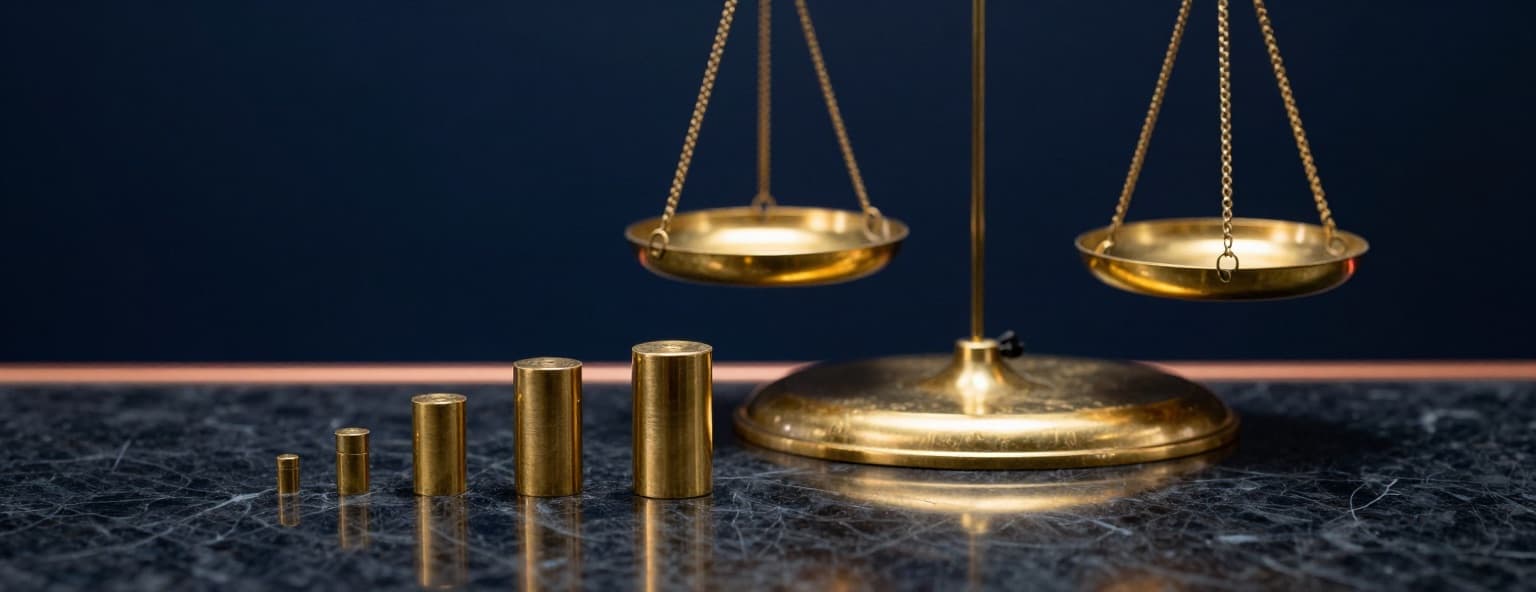 Brass calibration weights of rising size beside a polished brass balance scale on dark marble